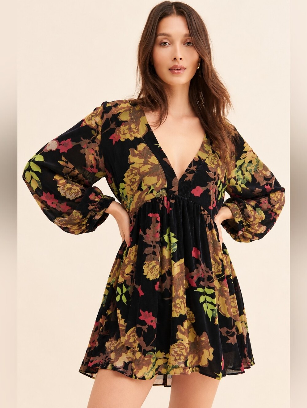 Free People Floral Velvet Long Sleeve Mini Dress Black Small
